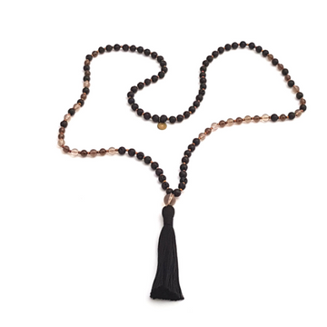 Handmade Earthing Mala Necklace – Smokey Quartz & Lava for Balance laid loosely on table